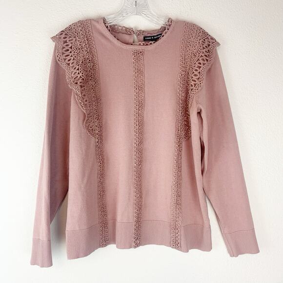 Cable & Gauge Sweater Womens Large Pink Crochet Lace Dainty Feminine Boho L - Picture 1 of 8